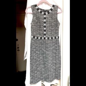 KARL LARGERFELD PARIS BLACK TWEED DRESS WITH 3 D FLOWERS 17”P 35”L ZIPPED BACK